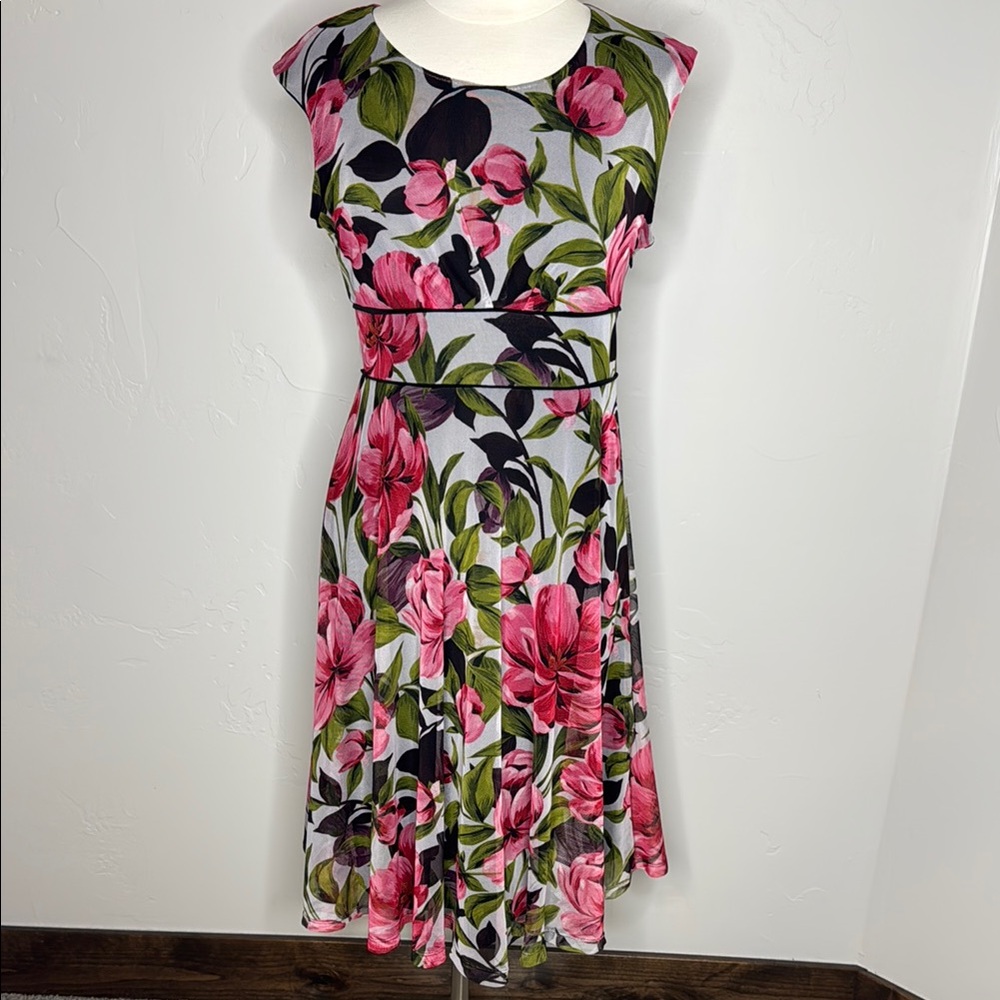 Pink and Green Floral Mesh Over Lining Midi Dress